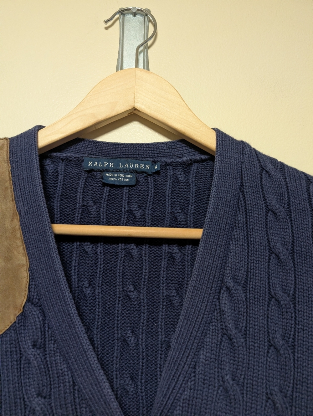 Ralph Lauren Cable Knit Cardigan Navy Suede Shoulder Patch Size M - Picture 3 of 7